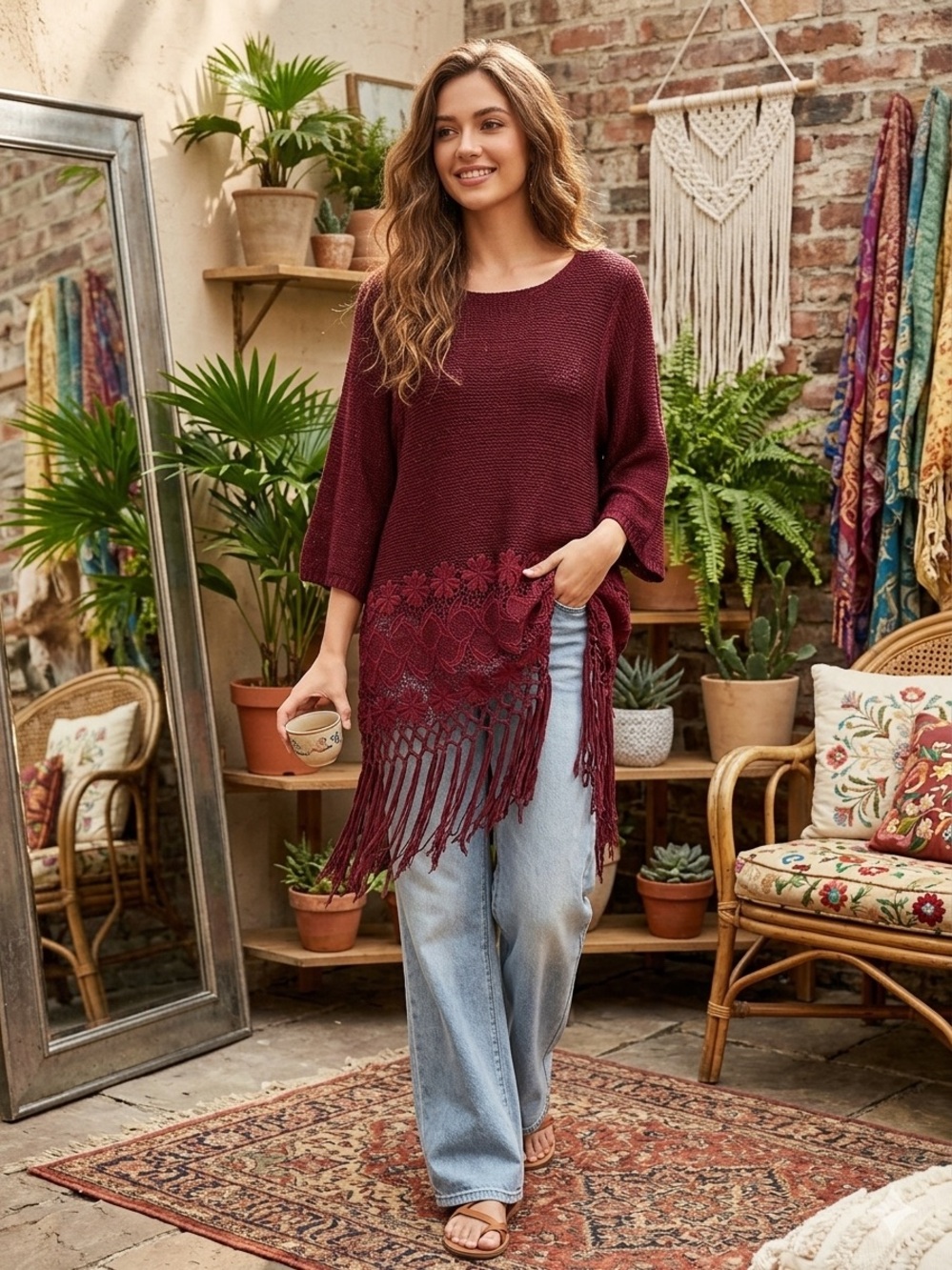 Umgee Boutique Tassel Fringe Top - Size Small - EUC boho/western/rodeo